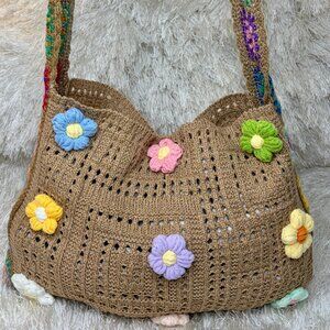 Retro Hollow-Out Floral Crochet Shoulder Crossbody Bag - Khaki (New)